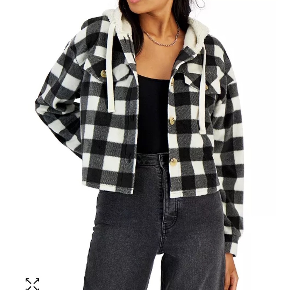 Hippie Rose black plaid cropped Sherpa hoodie jacket shacket NWT M